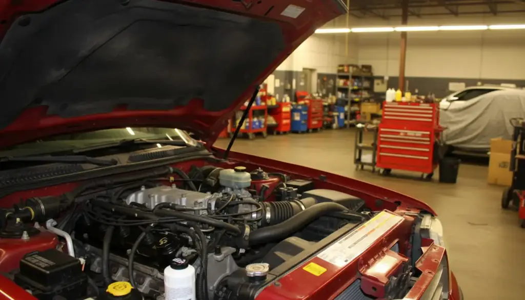 Engine bay open under a raised hood inside a working auto service bay, tool chests along the back wall