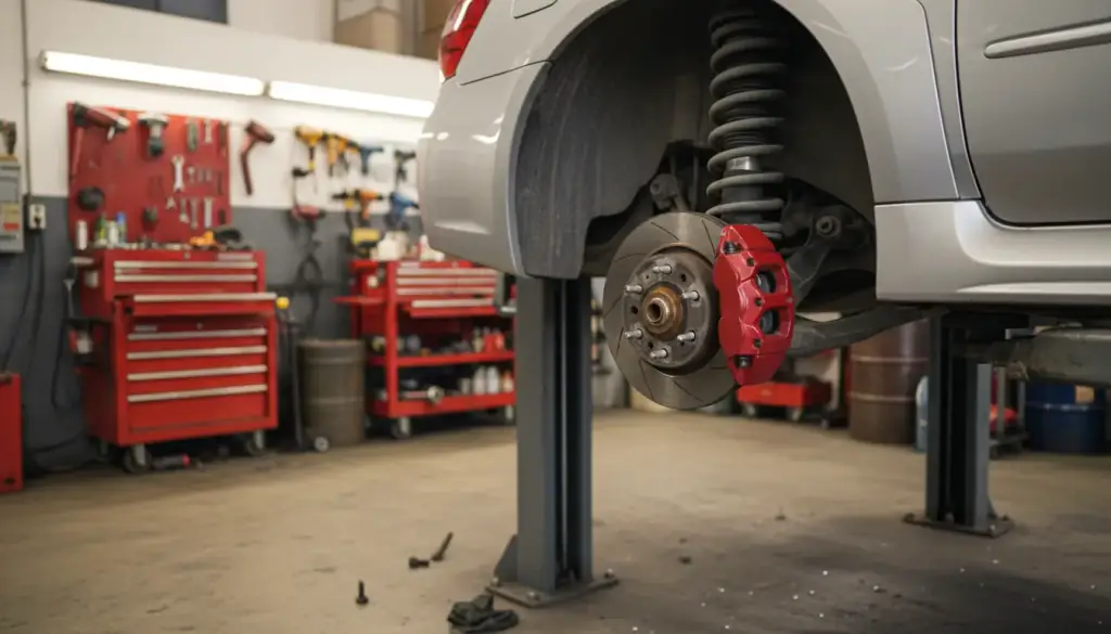 A car raised on a two-post lift with a front wheel removed, brake rotor and caliper exposed