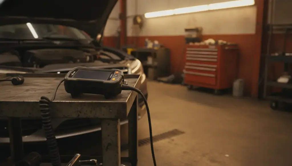 A handheld automotive diagnostic scan tool resting on a workbench beside an open engine bay
